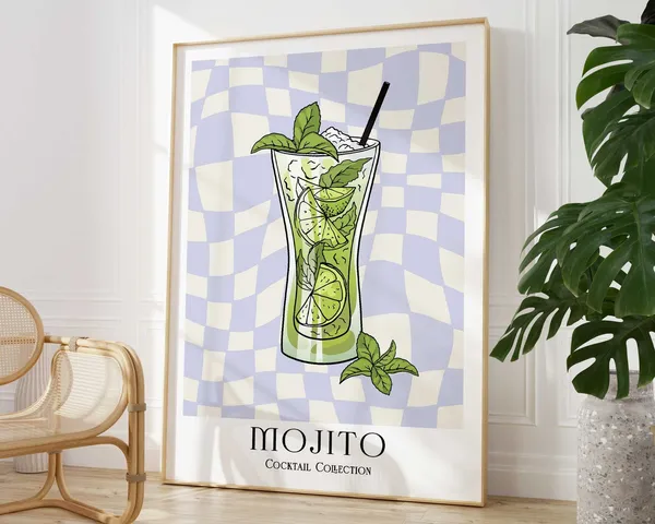 Mojito Cocktail Retro Poster, Bar Cart Wall Art