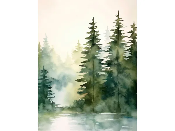 Tahoe Lake Watercolor Art Print, Pine Forest Landscape