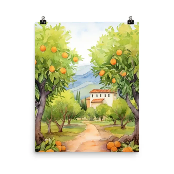 Sicily Orange Farm Watercolor Travel Poster, Italy