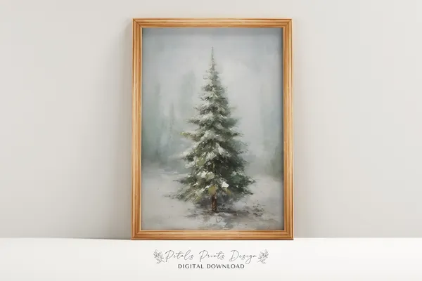 Vintage Pine Tree Christmas Art Print, Rustic Holiday