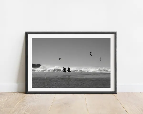 Black and White Kite Surfing Ocean Photography Print