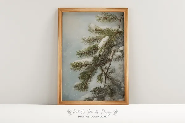 Vintage Pine Tree Christmas Art, Rustic Holiday Print
