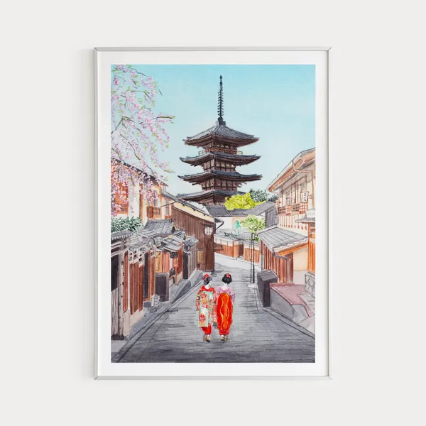 Kyoto Cityscape Watercolor Art Print, Japan Travel