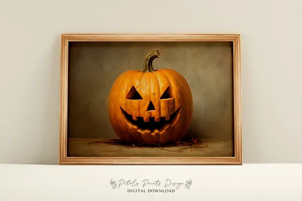 Vintage Pumpkin Halloween Art Print, Rustic Jackolantern