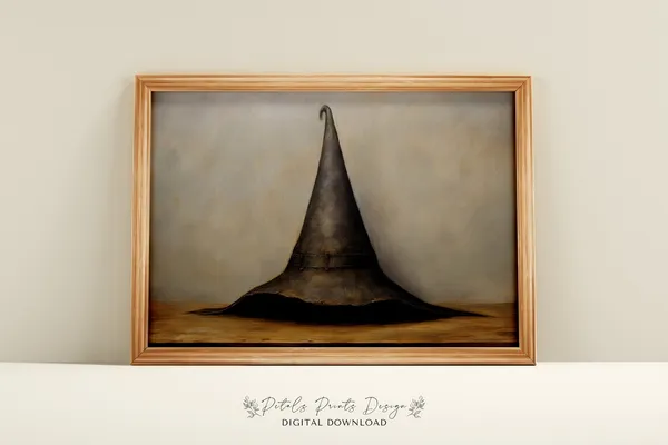 Vintage Witch Hat Art Print, Rustic Halloween Decor