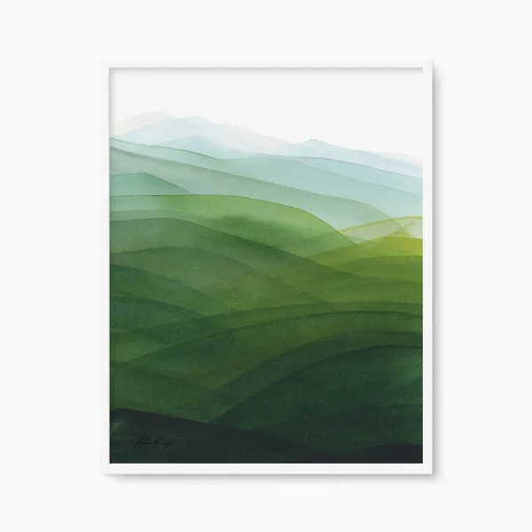 Hills 3 Green Rolling Watercolor Landscape Art Print