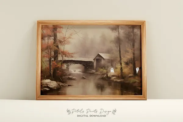 Vintage Halloween Ghosts, Spooky Autumn Landscape Art Print
