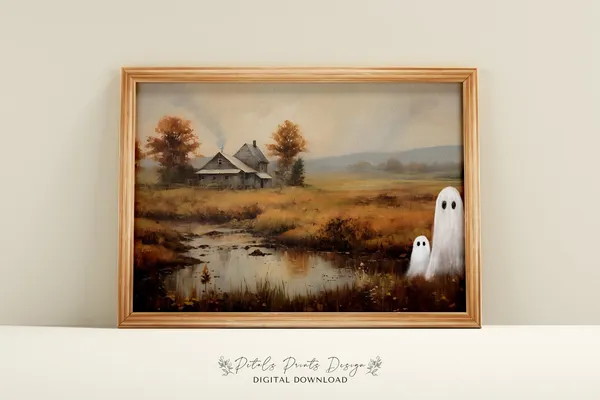 Vintage Halloween Ghosts Art Print, Spooky Autumn Scene