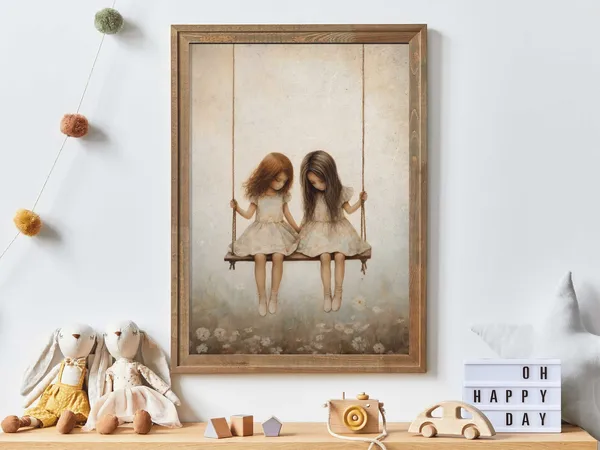 Vintage Girls On Swing Art Print, Girls Room Decor