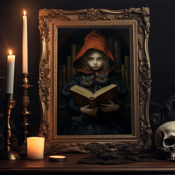 Little Witch and Her Familiars, Gothic Art Print