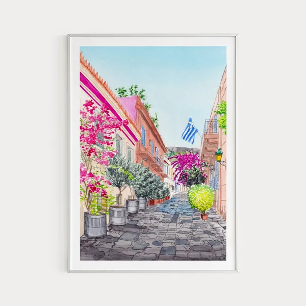 Athens Plaka Watercolor Art Print, Greece Travel