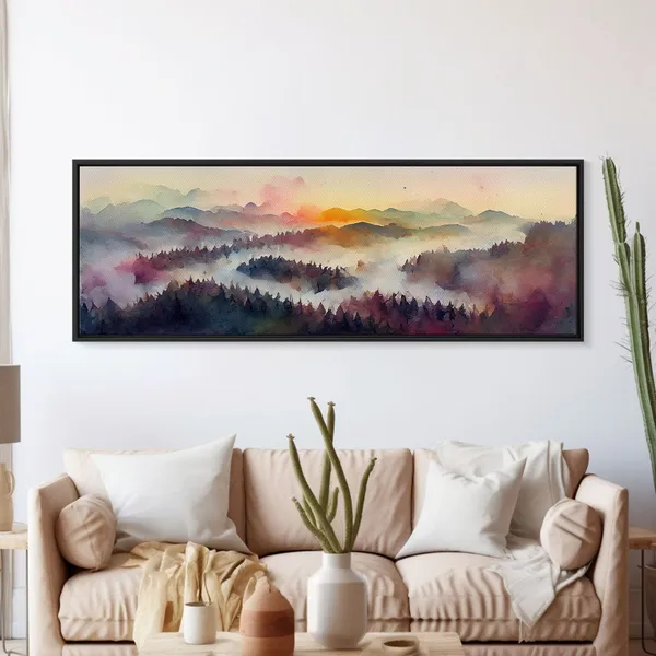 Watercolor Sunset Landscape, Panoramic Green Art Print