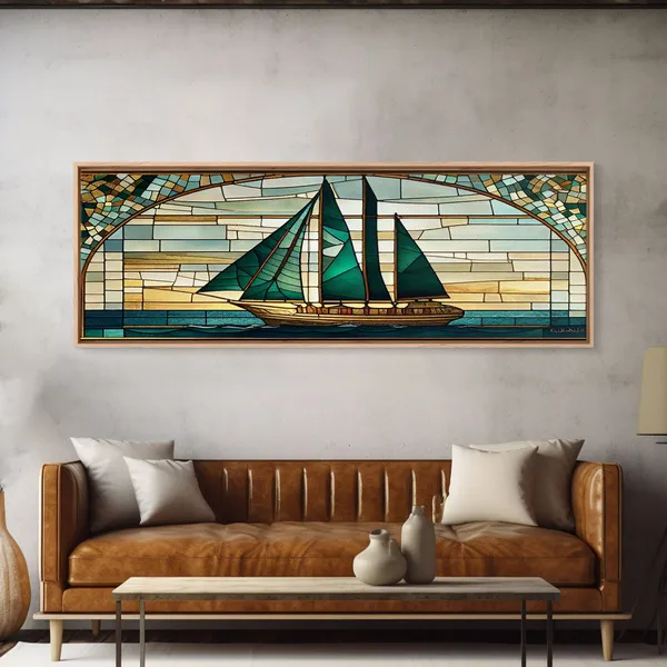 Panoramic Art Deco Sail Boat Stained Glass Art Print