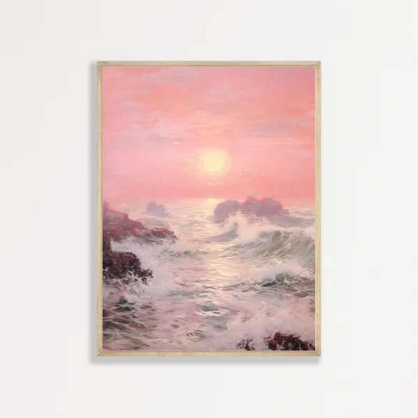 Retro Coastal Seascape Art Print, Pink Aesthetic