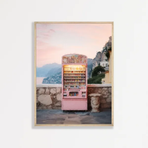 Amalfi Coast Retro Travel Poster, Pastel Pink Aesthetic