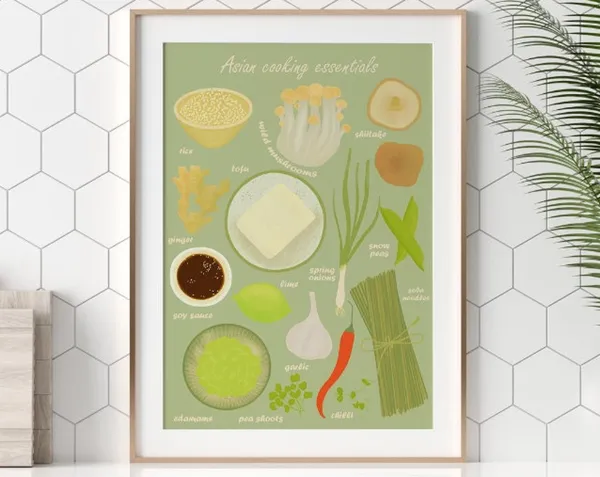 Asian Cooking Essentials Illustration, Kitchen Art Print