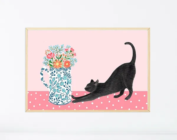 Black Cat And Flowers Poster, Pink Wall Decor