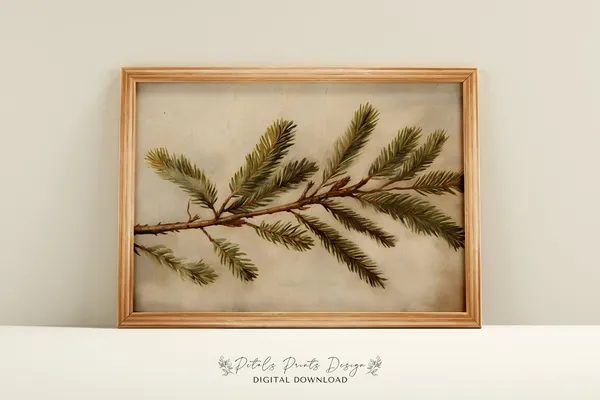 Rustic Christmas Evergreen Art Print, Vintage Holiday Decor