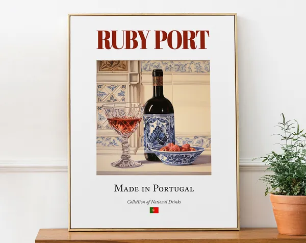 Ruby Port on Azulejo Tile, Portugal Travel Poster