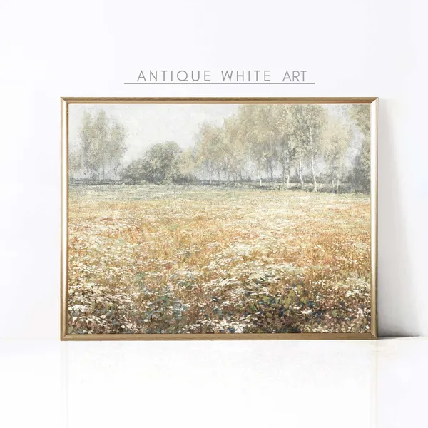 Wildflower Field Landscape, Vintage Farmhouse Art Print