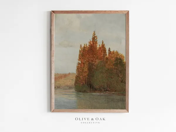 Autumn Lake Landscape Painting, Cottagecore Fall Art Print