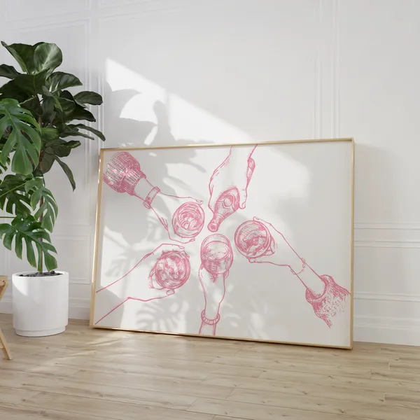 Pink Landscape Cocktail Print, Retro Bar Cart Decor