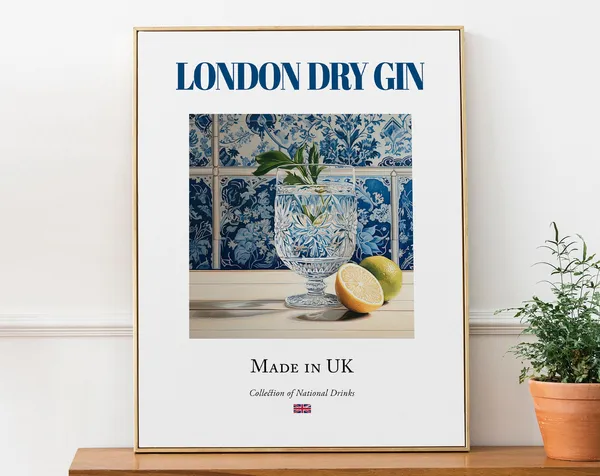 London Dry Gin on Maiolica Tile, Kitchen Bar Poster