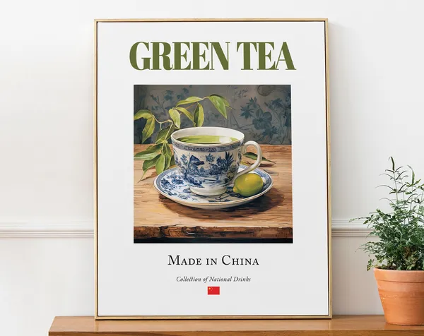 Green Tea On Maiolica Tile Poster, Kitchen Bar Art