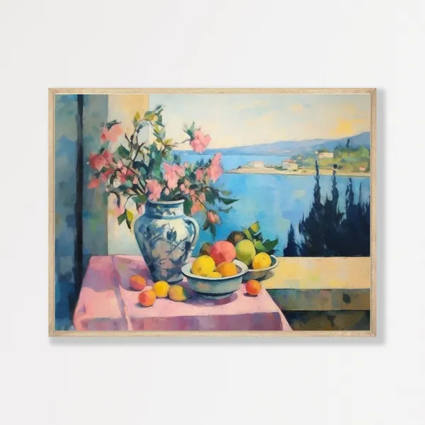 Fruits Flowers By The Sea Retro Still Life Print