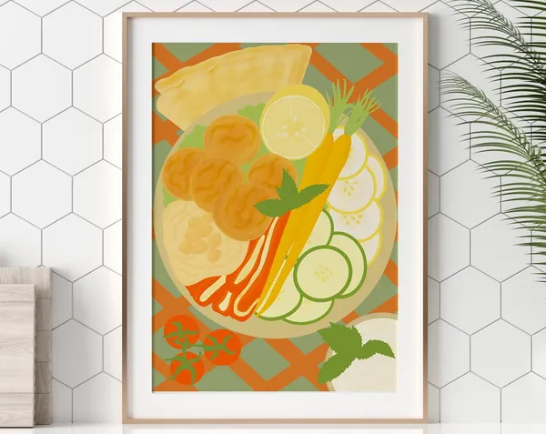 Falafel Bowl Illustration Art Print, Middle Eastern Food