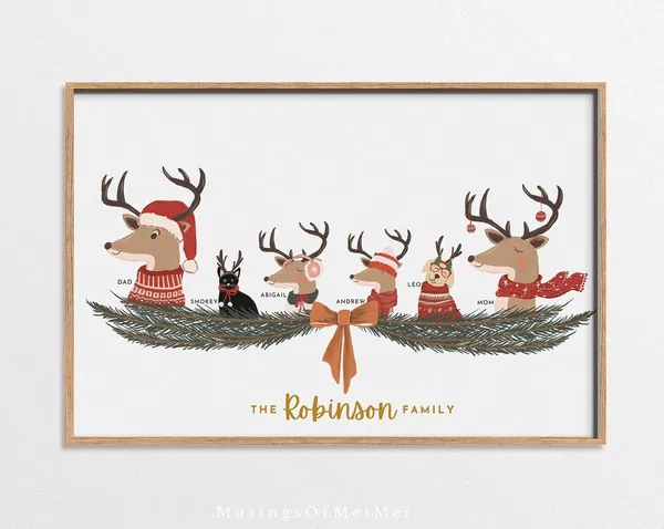 Custom Family Reindeer Portrait Christmas Art Print