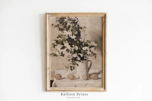 Vintage Floral Still Life Art Print, Rustic Botanical Decor