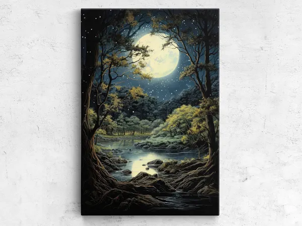 Moonlit Forest Acrylic Painting Art Print, Guest Room