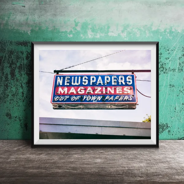 Newspaper Stand Neon Sign Art, Modern Poster Print
