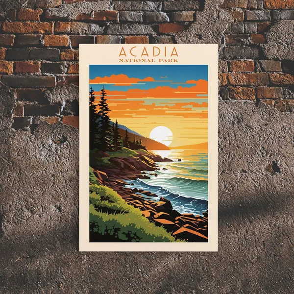 Acadia National Park Retro Travel Poster, State Park Art