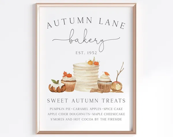 Autumn Bakery Wall Art, Fall Dessert Stand Sign