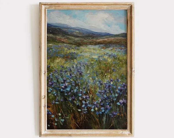 Blue Wild Flower Field, Rustic Farmhouse Art Print