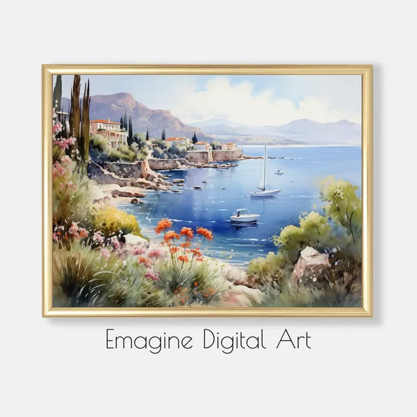 Mediterranean Coastline Watercolor Art Print, Seaside Landscape