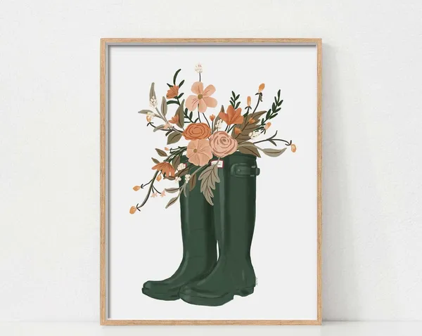 Fall Decor Wellies Boot Autumn Botanical Art Print