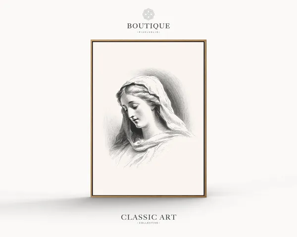 Virgin Mary Antique Art Hail Print, Minimalist Etching