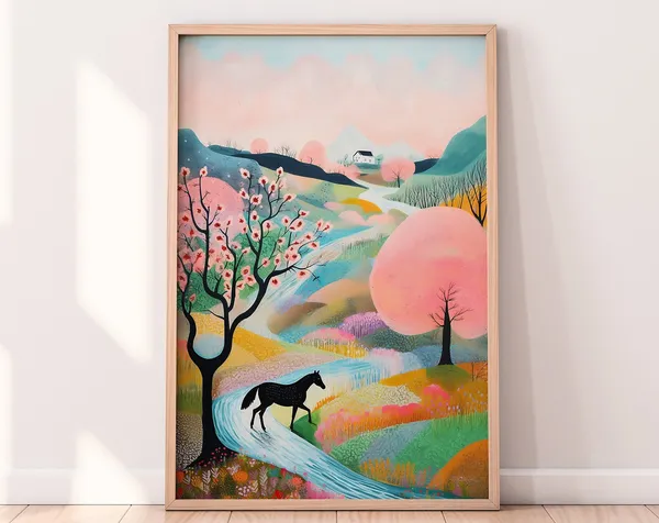 Spring Meadow Horse Drawing, Vibrant Landscape Art Print