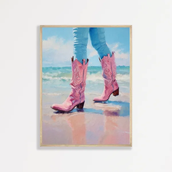 Pink Cowgirl Boots, Retro Coastal Wall Art Print