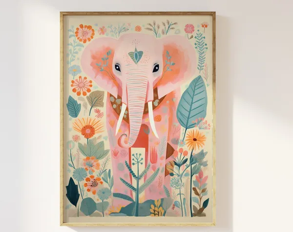 Elephant in Pastel Botanical Jungle Art Print