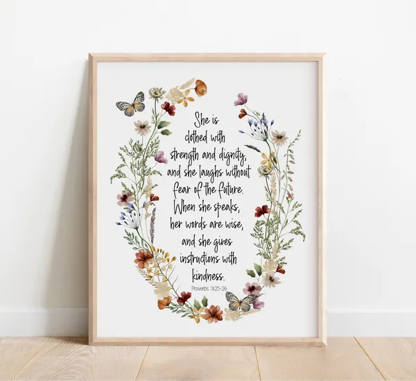 Proverbs 31:25 Scripture Art Print, Watercolor Floral