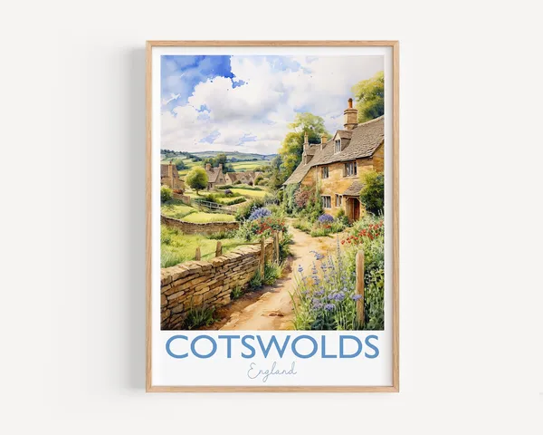 Cotswolds Travel Poster, England Watercolor Print