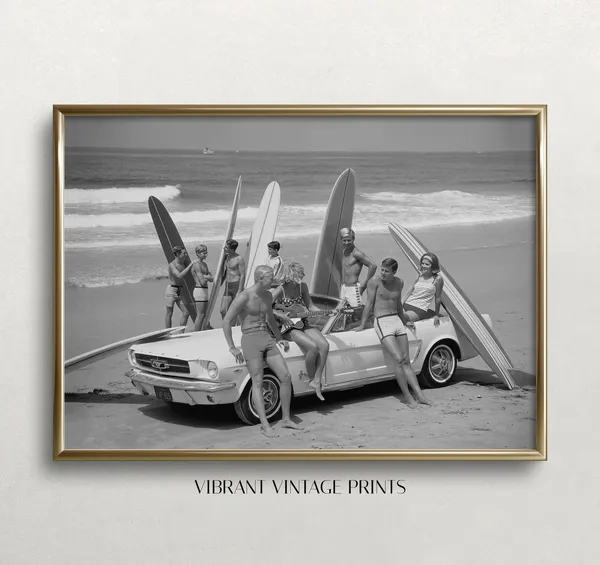 Vintage Surfer Beach Poster, Black And White Retro