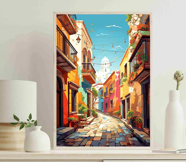 Streets Of Mexico Painting, Mexican Town Art Print