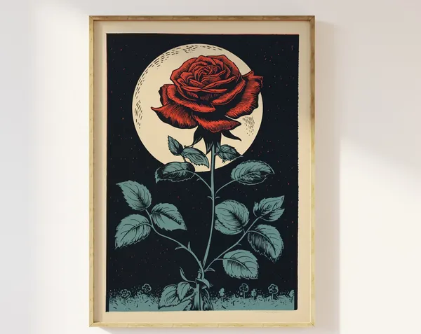 Moon And A Single Rose Vintage Block Print Art
