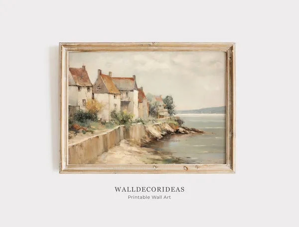 Neutral Beach Landscape Painting, Vintage Coastal Art Print