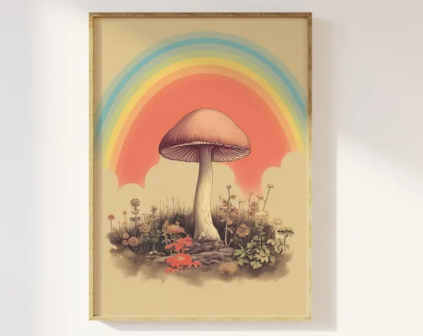 Retro Rainbow Mushroom Art Print, Boho Cottagecore